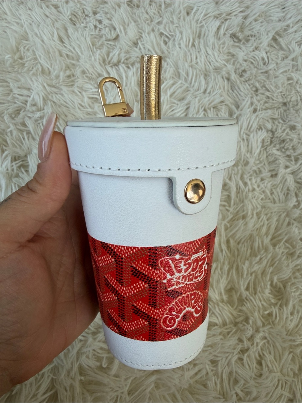 White and Red Faux Leather Travel Cup Keychain